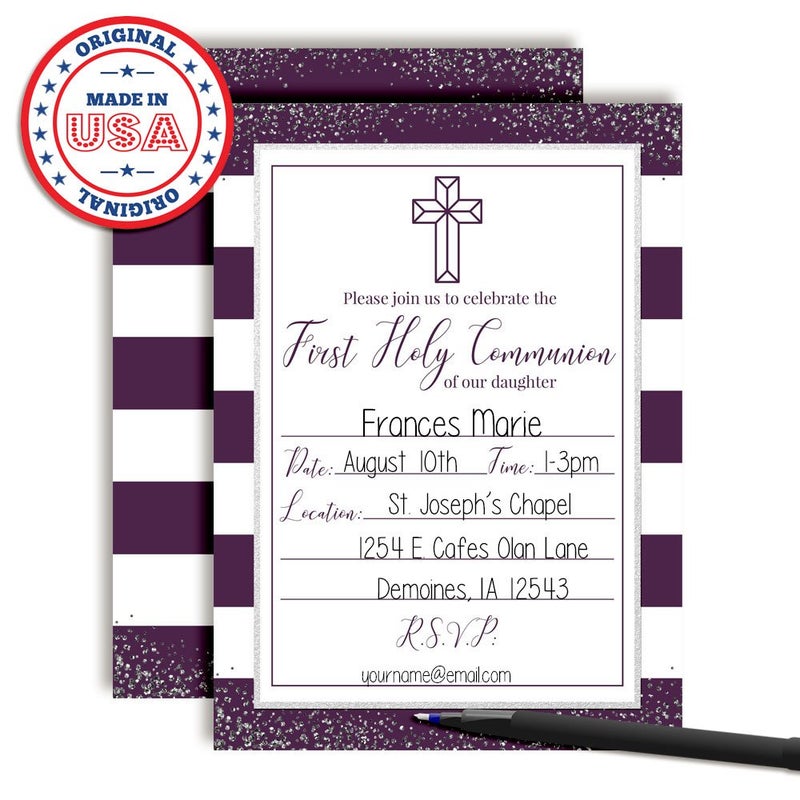 Amanda Creation Purple and Silver Stripes First Holy Communion Religious Party Invitations, 20 5x7 Fill In Cards with Twenty White Envelopes by AmandaCreation - Image 3